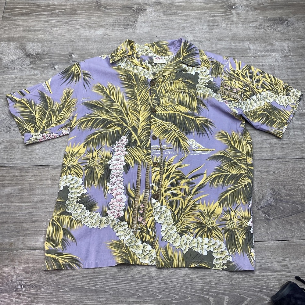 Go Barefoot Shirt Mens Medium Purple Hawaiian‎ Floral Short Sleeve Button Up